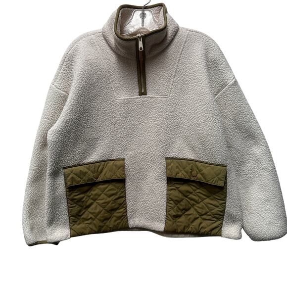 Madewell Jackets & Blazers - Madewell Cream Fleece 1/4 Zip Fleece Popover Jacket Barn Pockets Green Boxy Cozy